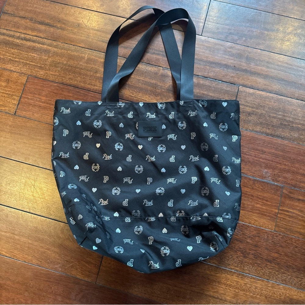 Victoria's Secret PINK Zip Closure Canvas Duffle Beach Bag Tote Black NWOT